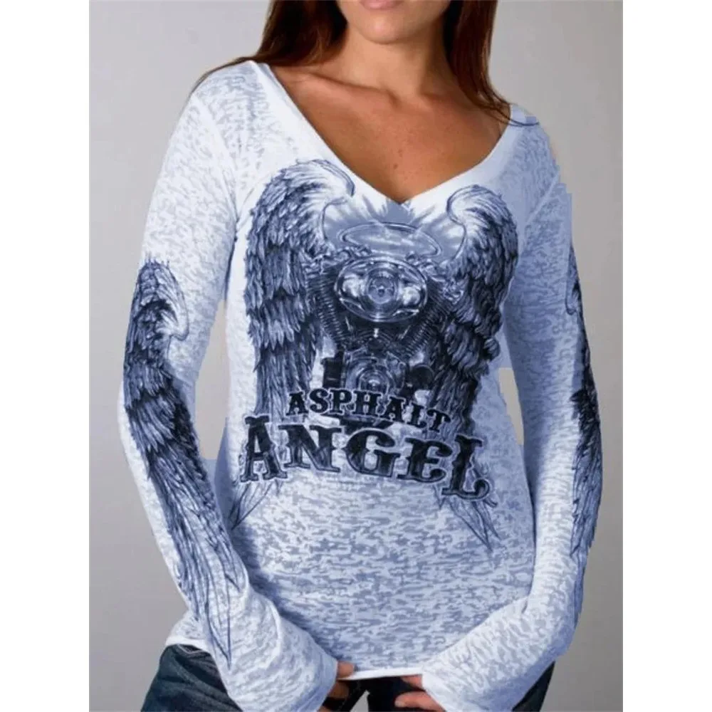 Spring T Shirt Cross Print T-Shirt Fashion Women Street T-shirt Chic Eagle Tees Autumn Long Sleeve Oversized T-shirt Top Hot