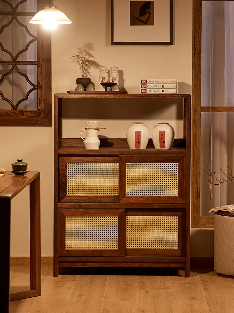 

Black walnut bookcase Nordic solid wood locker Home modern simple rattan cabinet
