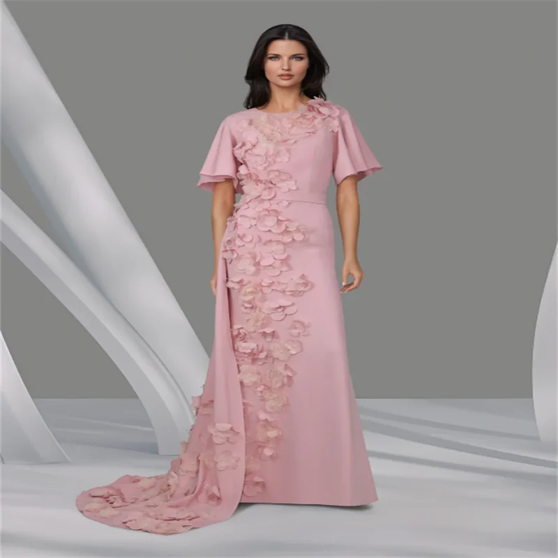 

Женское длинное вечернее платье в пол Розовое платье для выпускного вечера с круглым вырезом Свадебные платья для гостей с коротким рукавом и 3D цветами по индивидуальному заказу