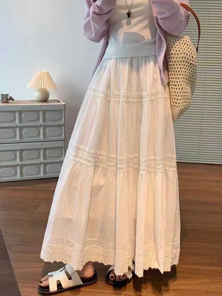 Harajuku Minimalist White Tiered Lace Midi Skirt Elastic Waist Hollow Out Casual Boho A-line Skirt Preppy Basice Umbrella Skirts