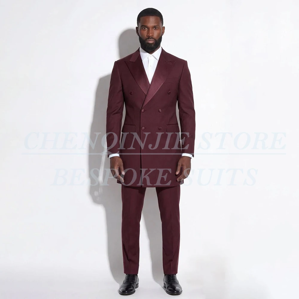 Elegant Wedding Men's Suits Burgundy Double Breasted Peak Lapel Straight 2 Piece Jacket Pants Full Sets High Quality Blazer