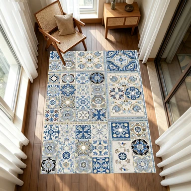 Mediterranean Blue Floral Tile Carpet Flooring Vintage Patchwork Pattern Home Floor Rug