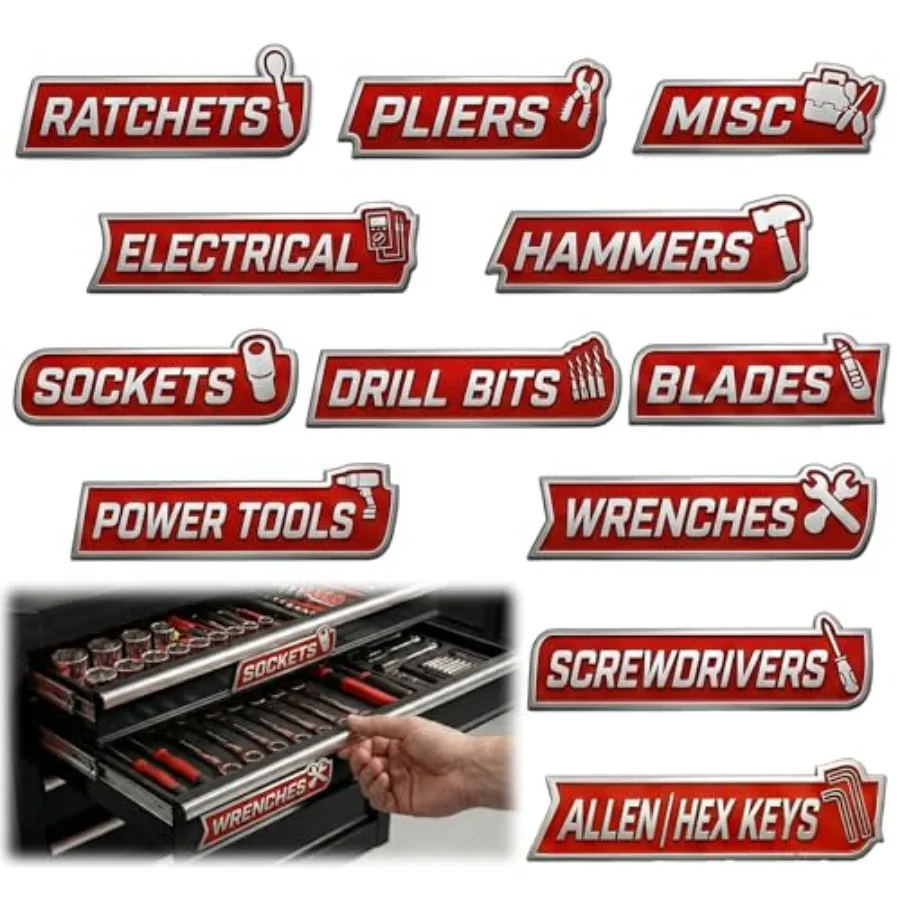 

12 PCS Magnetic Tool Chest Labels, Red and White Reusable Drawer Organizer Tags for Professional Toolboxes, Metal Cabinets and