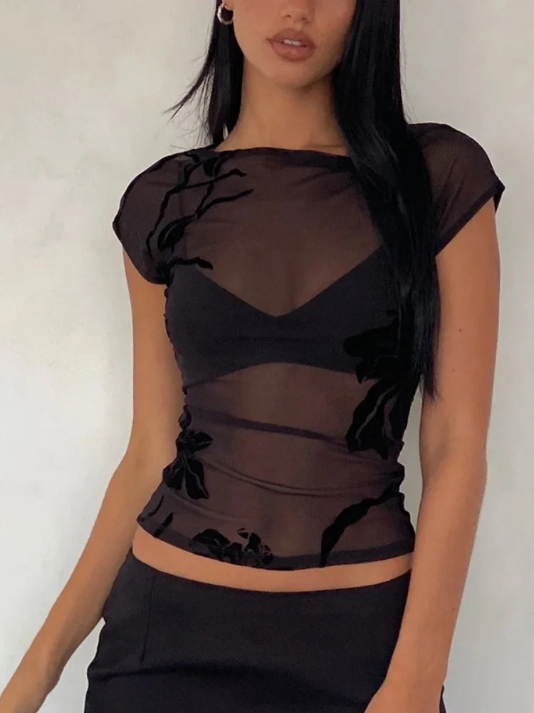

Floral Flocking T Shirts For Women Summer Clothing See Through Mesh Crop Top Y2k Accessories Short Sleeve Camisetas Slim Tshirt