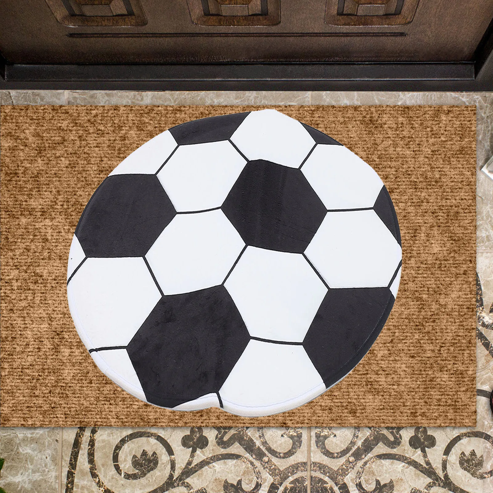 

1pc Creative Round Soccer Rug Decorative Football Carpet Bedroom Floor Mat Premium Polyester Area Rug Easy Clean Long