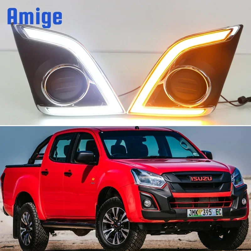 Car LED Daytime Running Headlamps For ISUZU D-Max DMAX Pickup 2016 2017 2018 2019 Daylights Yellow Turn Signal DRL Car Foglamps