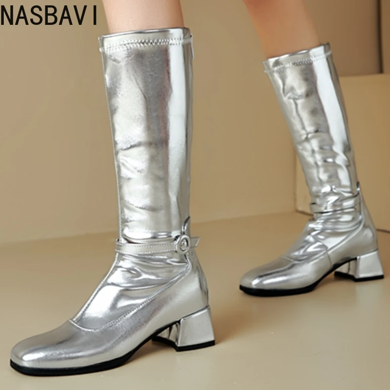 الفاخرة الشتاء حذاء برقبة للركبة الذهب الفضة المرأة أحذية عالية عادية منخفضة الكعب موضة أحذية الحفلات الطويلة سيدة مقاوم للماء