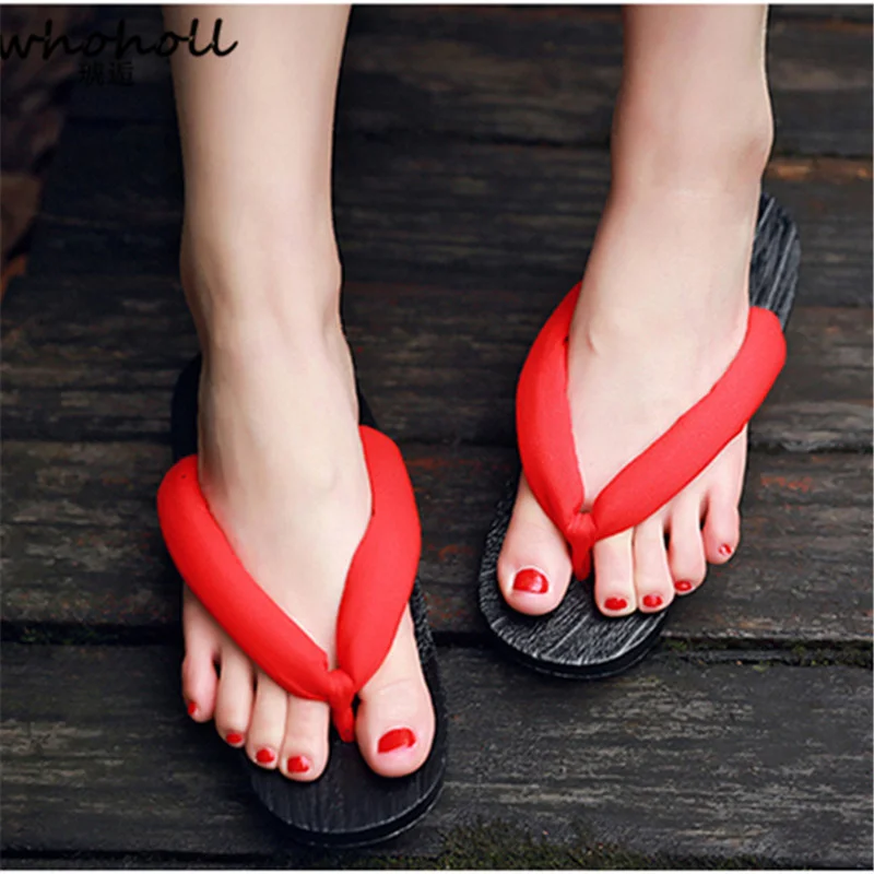 WHOHOLL wooden flip flops slippers Japanese Geta Summer Sandals Women Flat Wooden Clogs Shoes Geisha Geta Flip-flops Shoes