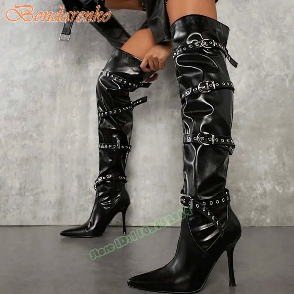 

Кожаные ботинки с пряжками и ремешками, однотонные ботинки на шпильке с острым носком, женская сексуальная обувь выше колена с боковой молнией, новая весенняя повседневная обувь