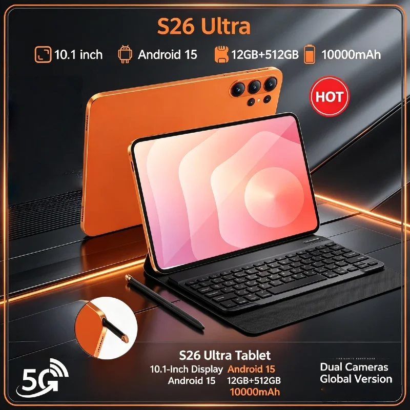 New S26-Ultra 10.1 Inch Android 15 Tablet PC 12GB+512GB 5G Dual SIM Phone Call GPS WiFi Bluetooth Google Play Student Tablet