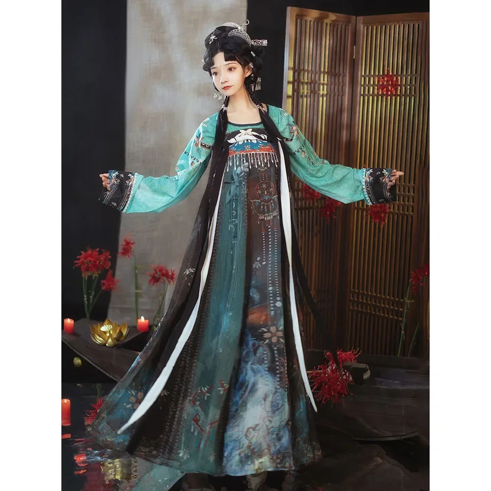 

JuYu Chinese Style Green Hanfu Dress For Women Tang Dynasty Round Neck Fringed Hanfu Fairy Top Dress Set Ancient Costume