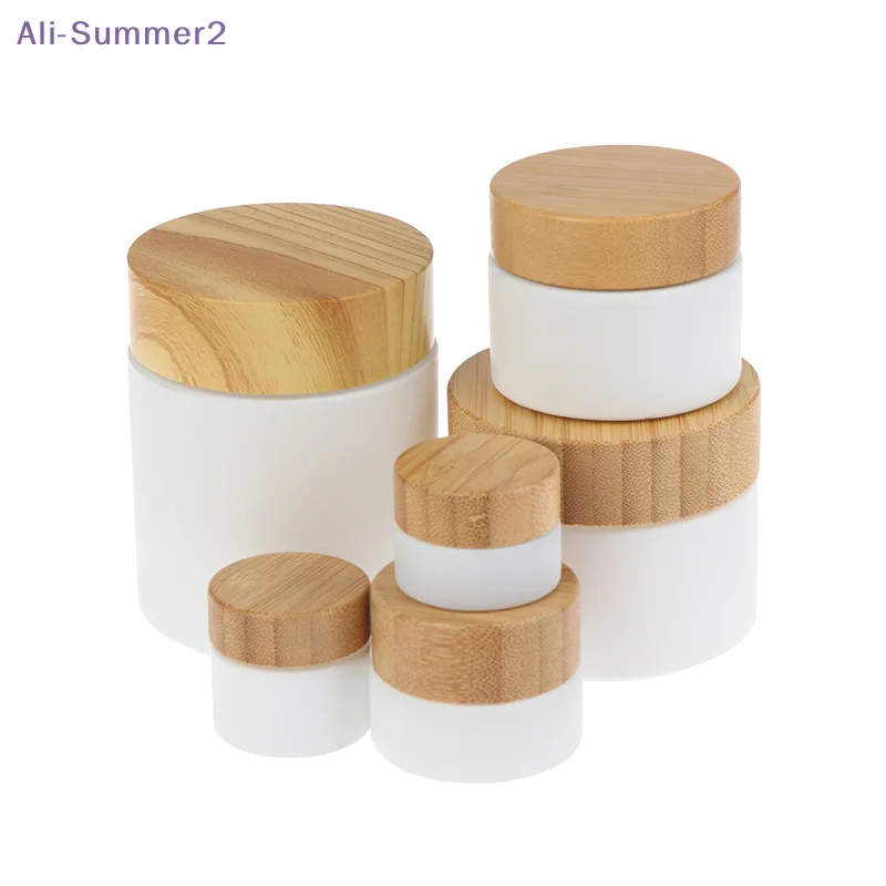 {Summer2} Mini-Glasdose für Kosmetik, Nachfüllbarer Behälter mit Holzdeckel für Gesichtscreme und Lippenstift, Mattierte Aufbewahrungsdose