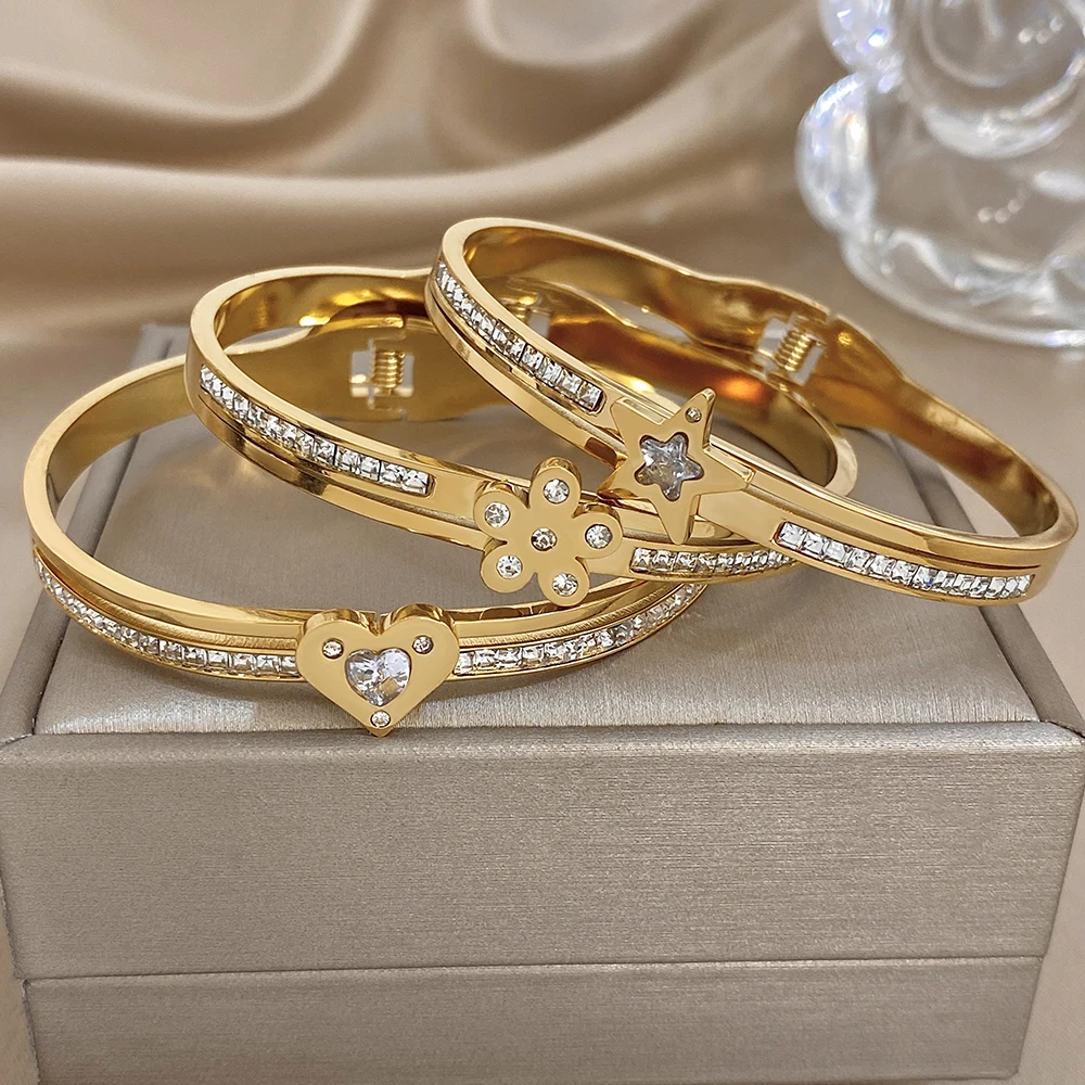 Greatera Fashion Light Luxury Style Europe America Cuff Bangle Temperament Heart Star Flower Cubic Zircon Filled Women Bracelets