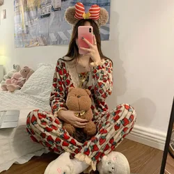 Sleepwear Women Long Sleeve Pajama Sets Long Pants Kawaii Clothing Print Lace Flannel Autumn Winter Nightwear Warm Homewear Sets