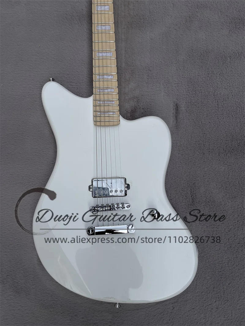 White Electric Guitar Jag body Maple fingerboard block White pearl inlaid H pickup fixed bridge chrome buttons support customiza