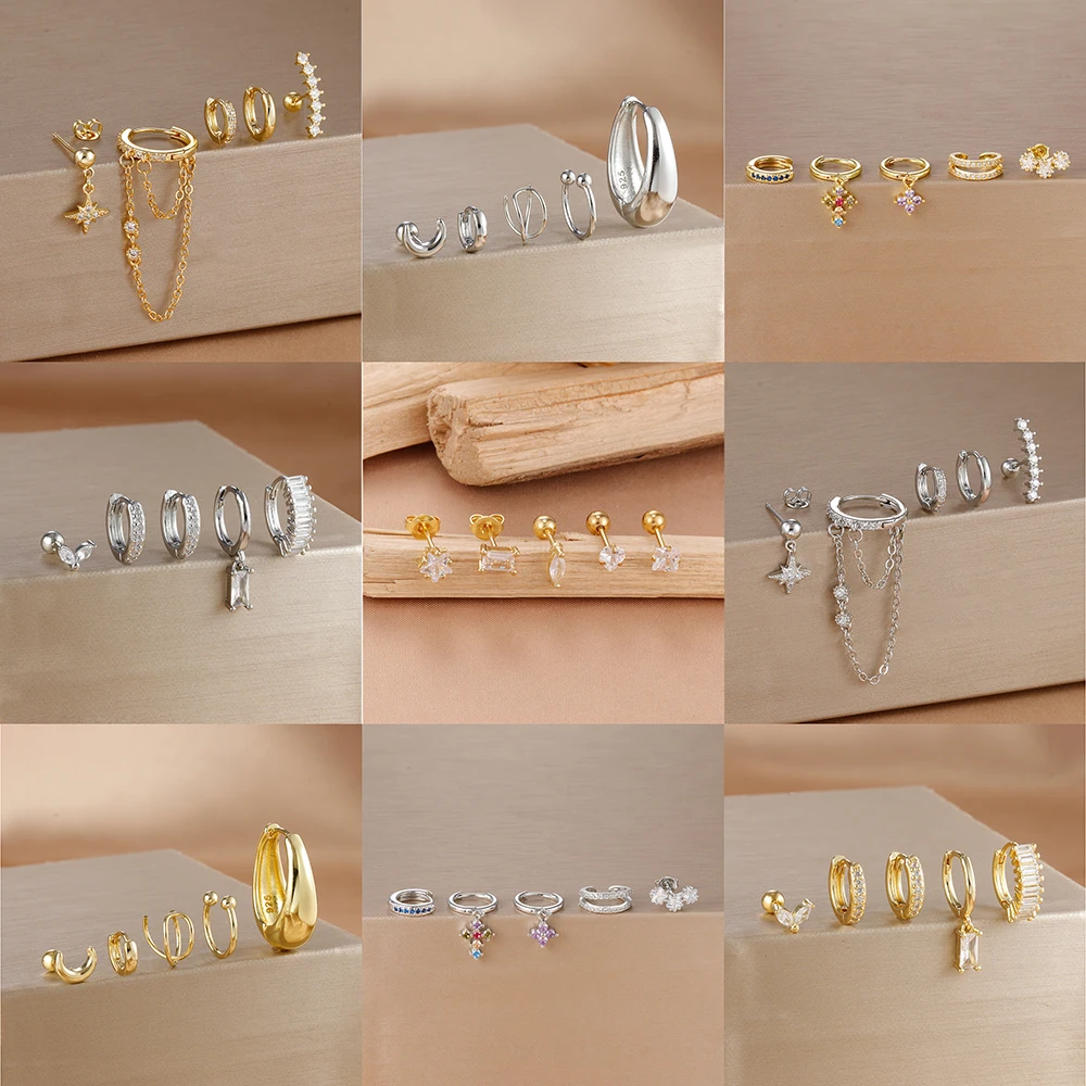 5PCS Small Cubic Zirconia Hoop Earrings Set 14K Gold Plated Double Huggie Hoop Earrings Fashion CZ Ear Stud Women Party Jewelry