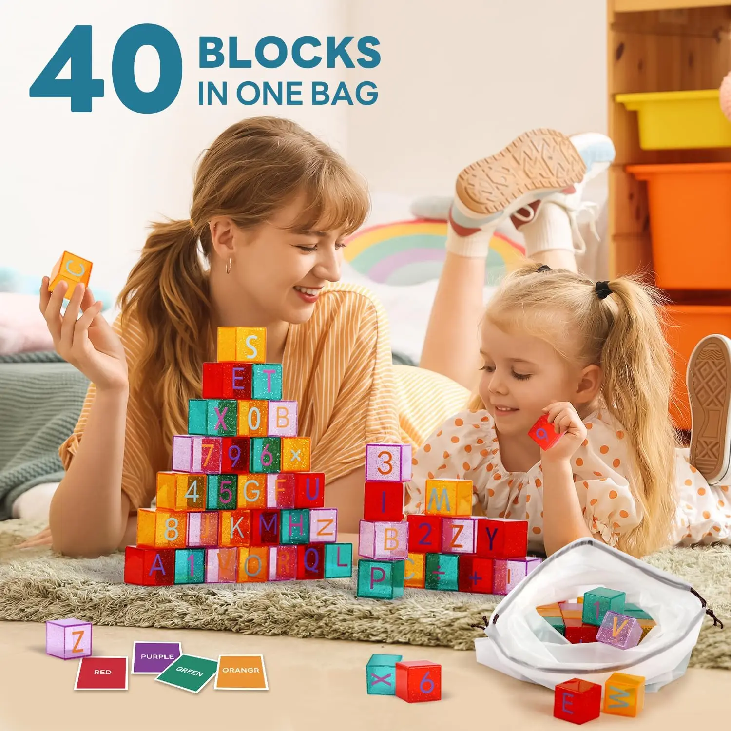 Blocos de construção para crianças, 40 peças de 1,3 polegadas acrílicos ABC e blocos de empilhamento de números brinquedos para crianças com cartões de identificação coloridos, alfabeto