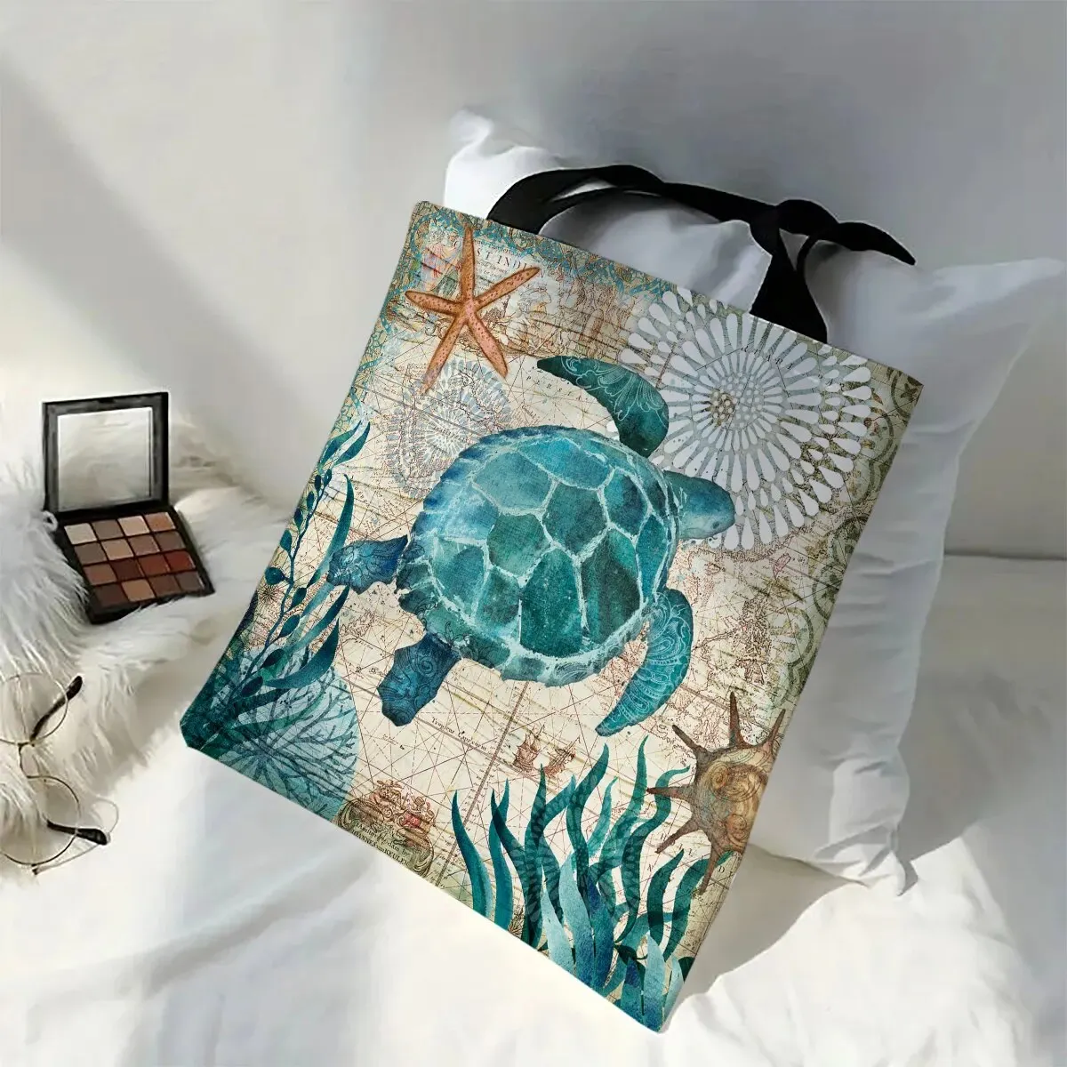 Large Capacity Tote Bag Turtle Print Traveling Shoulder Bags Eco Linen Shopping Bags For Women With Print