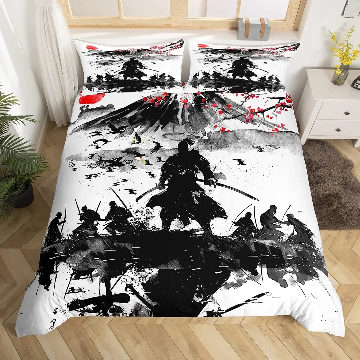 Japanese Samurai Bedding Set Full Size Cherry Blossoms Comforter Cover Red Sun Hokusai Duvet Cover Fuji Mountain Quilt Cover