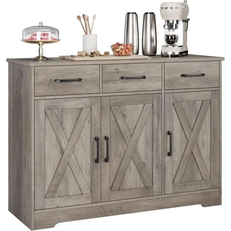 Modern Farmhouse Buffet Sideboard Cabinet, Barn Doors Storage Cabinet with Drawers and Shelves, Wood Coffee Bar