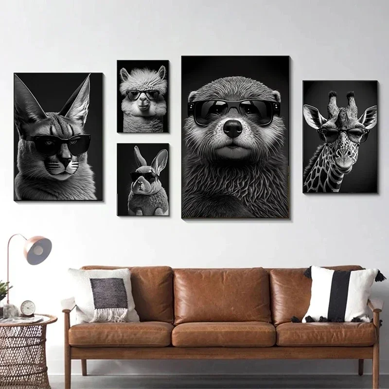 Cool Animals Wear Sunglasses Portrait Posters Canvas Painting Rabbit Monkey Lion Dog Black And White Wall Art Room Home Decor