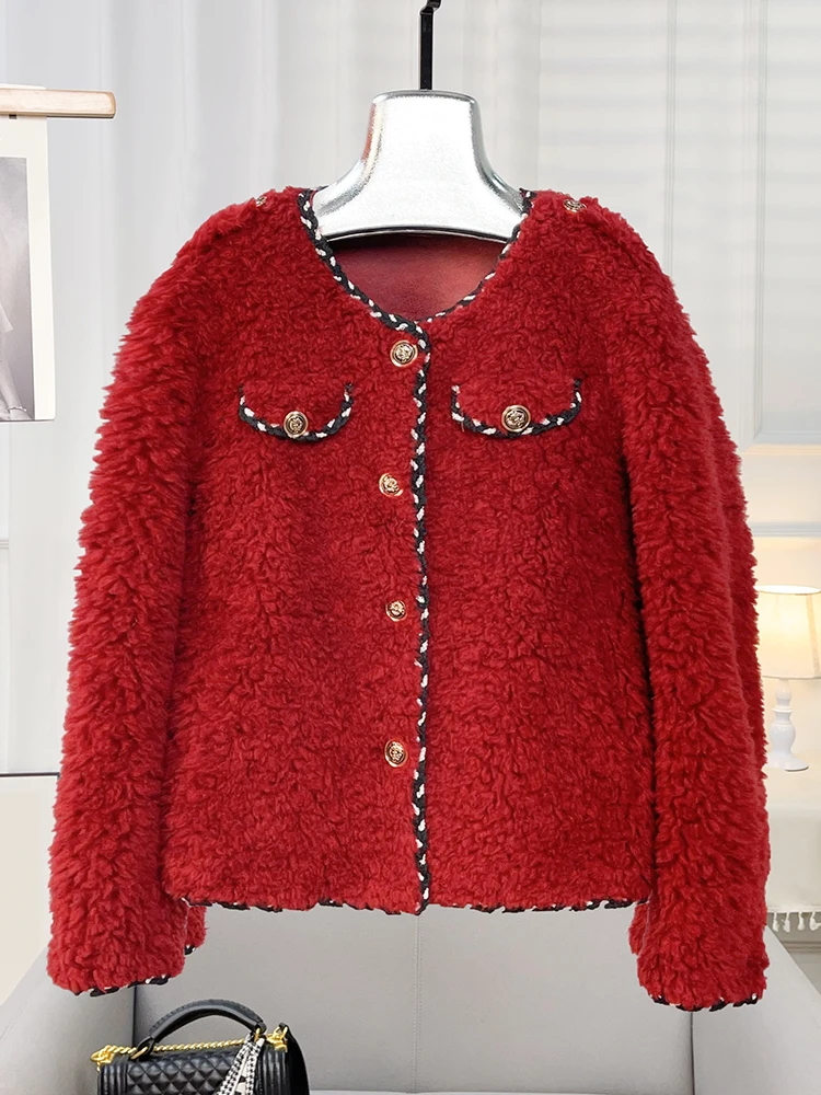 

2023 Lamb Hair Particle Sheep Cut Fleece Small Fragrant Weaving Belt Fur Coat Women's Round Neck Short Wool Integrated