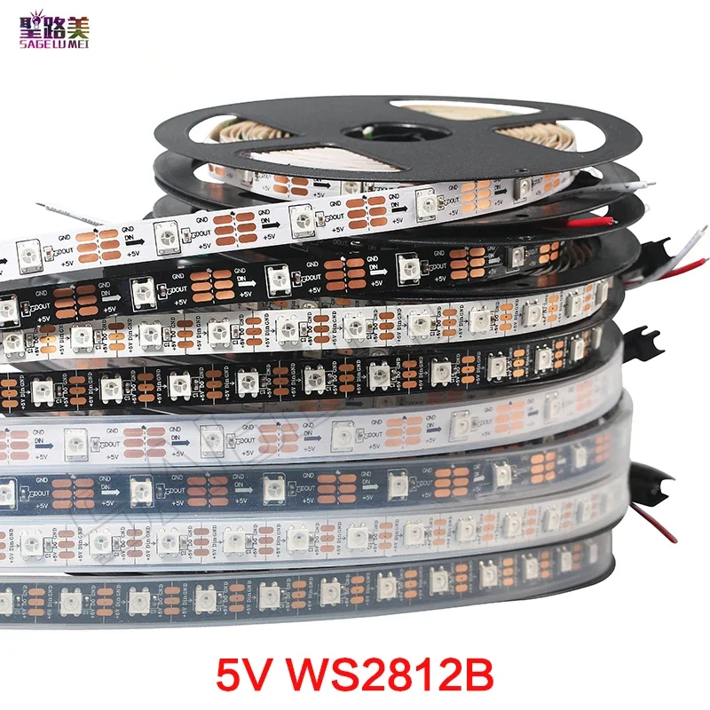 

Умная светодиодная пиксельная лента WS2812B, 1 м/5 м, черная/белая печатная плата, 30/60/144 светодиодов/м пикселей WS2811IC, независимая адресация IP30/IP65/IP67 DC5V