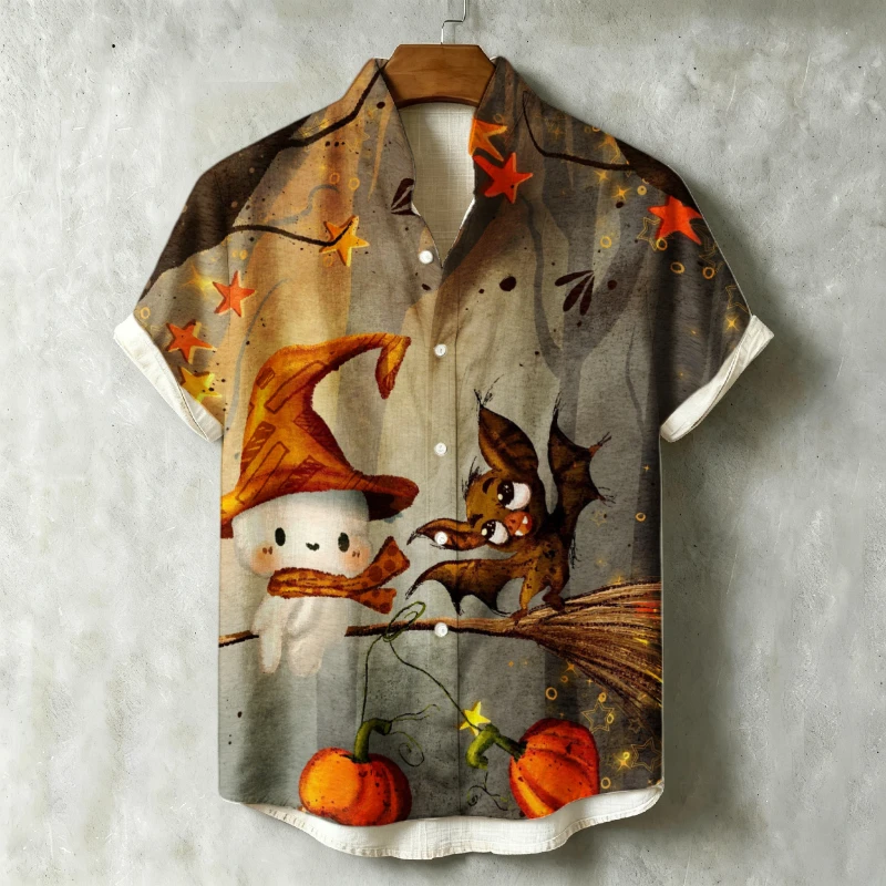 Big Size Men Summer Shirt Vintage Watercolor Ghost Bat Pumpkin Print Lightweight Breathable Lapel Casual Blouse Halloween