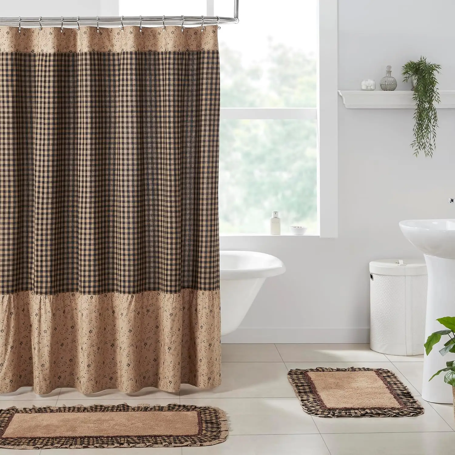 

Ruffled Patchwork Shower Curtain, Tan Floral Check 72x72