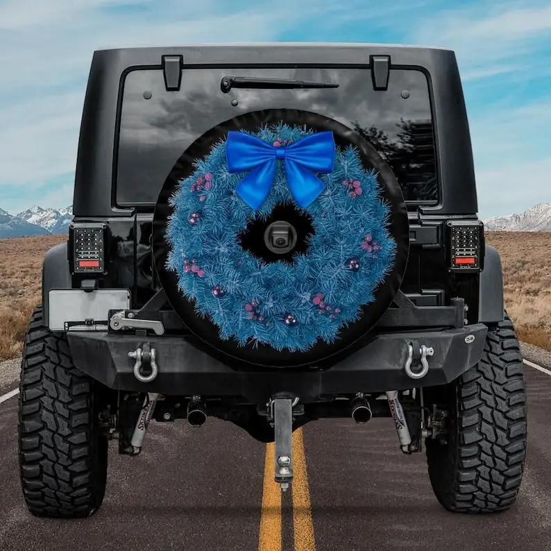 Blue Christmas Wreath Spare Tire Cover, Backup Camera, Blue Xmas Tire Cover, Christmas Car Accessories for jeeps, Rear camera ti