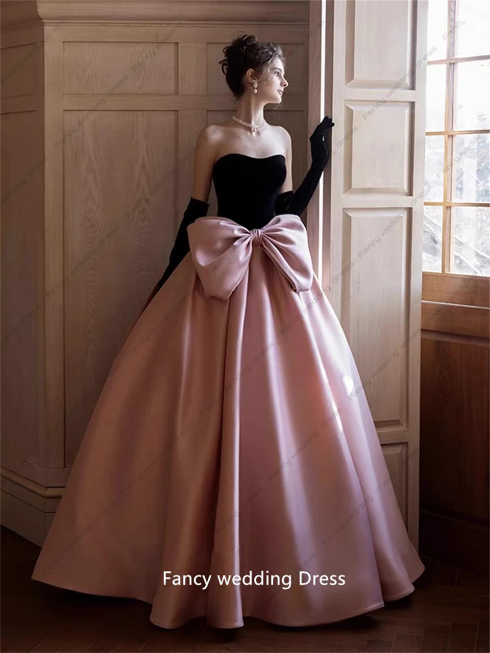 Fancy Pink Evening Dresses A-line Strapless Black Gloves Bow Silk Ribbon Formal Party Prom Princess Quinceanera Gowns customized