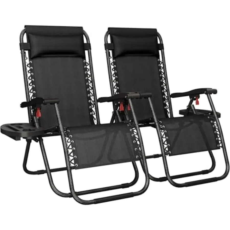 Outdoor adjustable folding reclining lounge chairs for patio, backyard, beach; zero gravity design; black fabric; includes pill