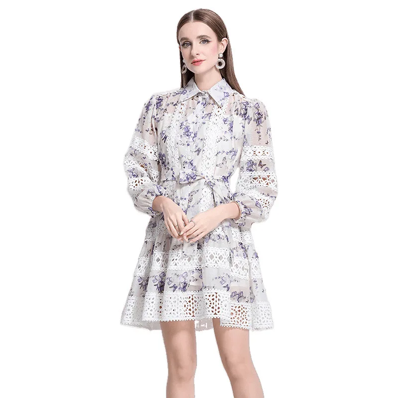 Retro Feel Print Lace Scava fuori Lungo Sve Dr Design impiombato Poliestere lavorato a maglia Inverno Thiened Vita ampia Dr. da donna