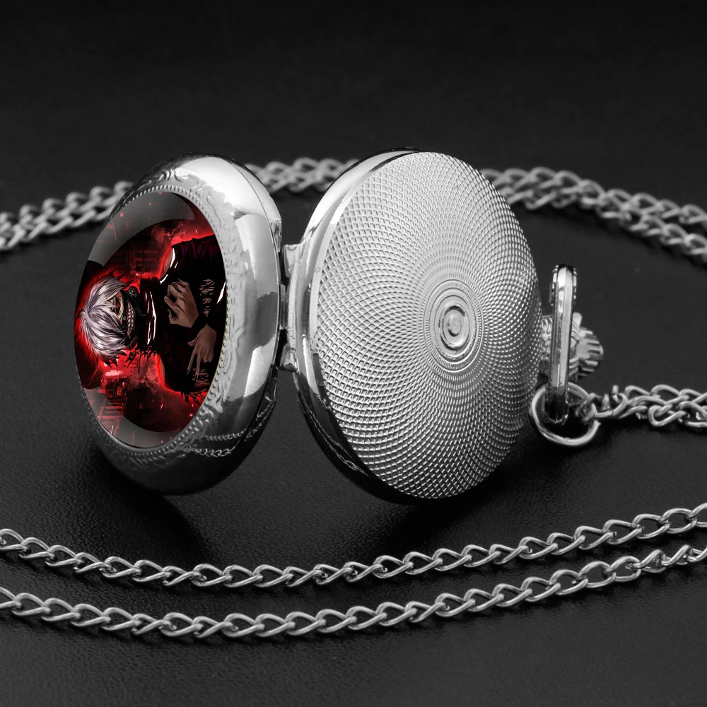 Tokyo Ghoul Design Glass Dome Quartz Pocket Watch, Cadeia Durável, Numeral árabe Dial, Presentes Criativos para Homens e Mulheres