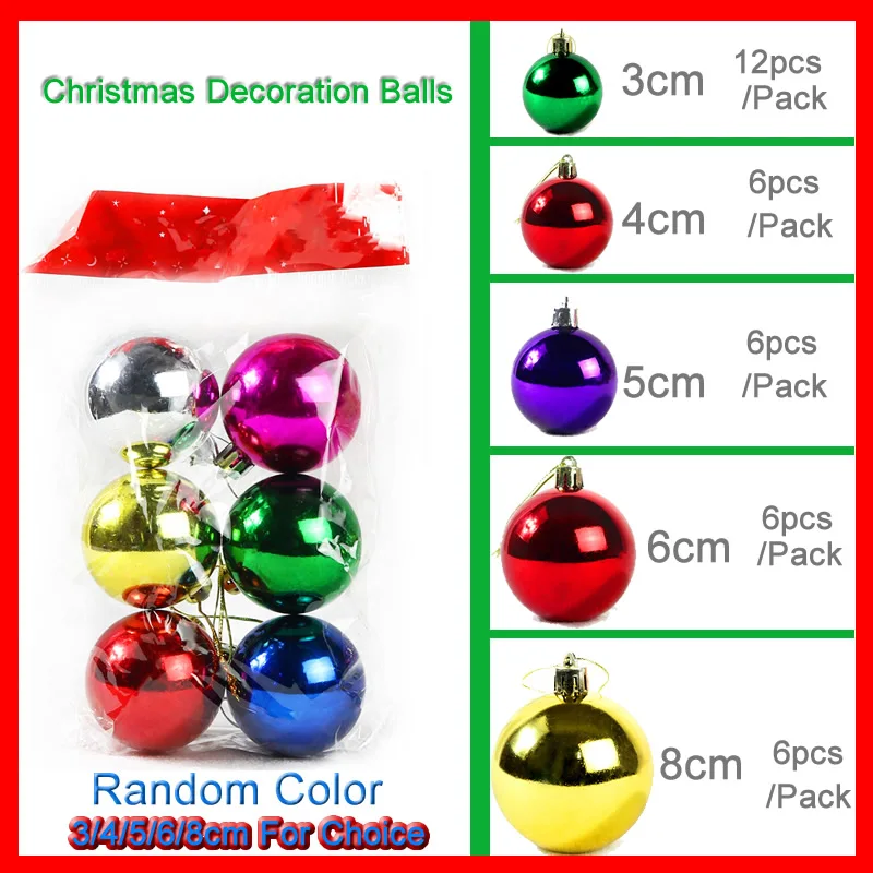 6pcs 3/4/5/6/8cm Christmas Balls Shiny Color Balls Christmas Tree Hang Ornaments Bauble Ball For Home Office Party Decoration