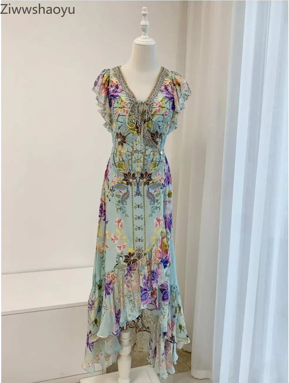 

High Quality Autumn Women Fashion Runway Designer 100% Silk Flower Printed Rhinestones Beaded Ruffles V-Neck Retro Long Dress