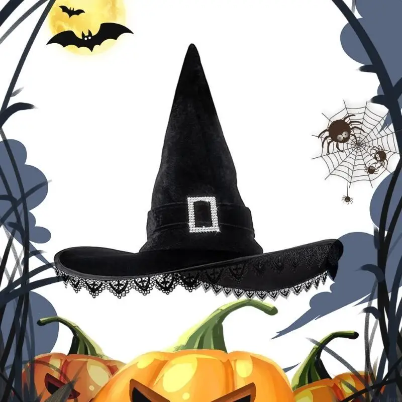 

F19F Тенденция заостренная шляпа ведьма Party Party Unisex Wizard Hat с кружевной отделкой декора