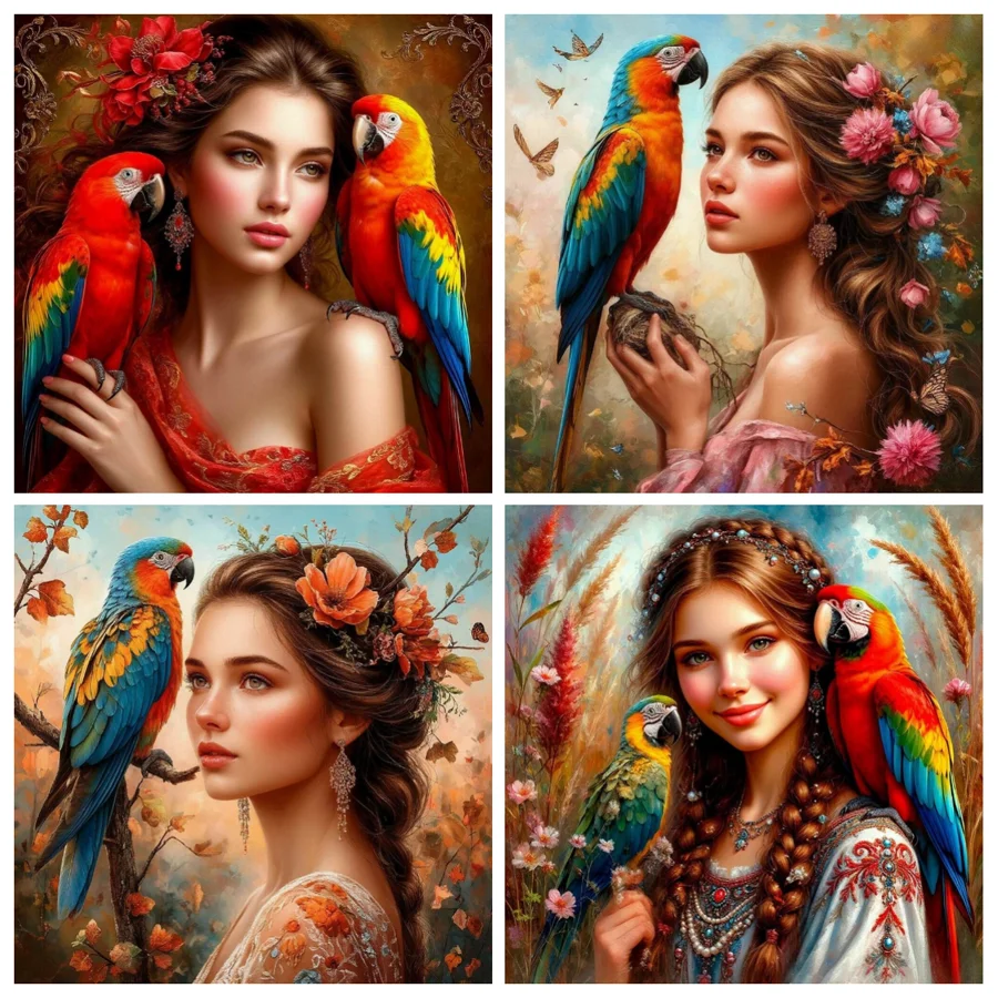 

Beautiful Woman and Parrot New Diy Diamond Art Painting Kits Animals Birds Full Drill Mosaic Embroidery Picture Size Wall Decor