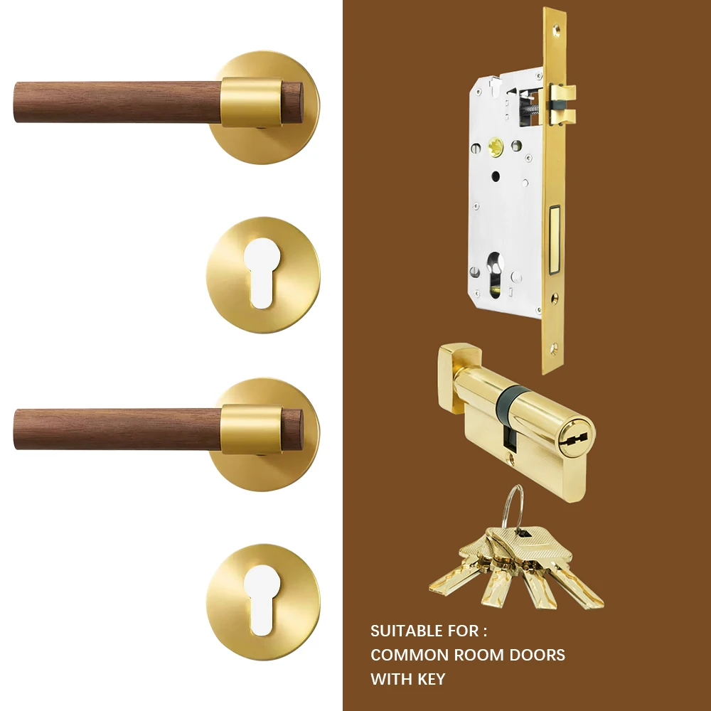 Deurkamer Messing Walnoot Deurslot Set Modern Interieur Slaapkamer Badkamer Dubbele Houten Deurhendel Set Dummy Handvat Knop