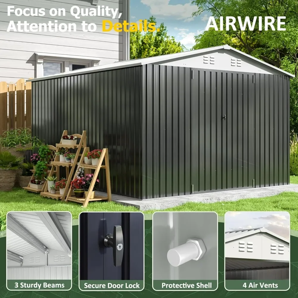 12x10 FT Outdoor Storage Shed, Garden Shed with Updated Frame Structure and Lockable Doors, Metal Tool Sheds for Backyard Garden