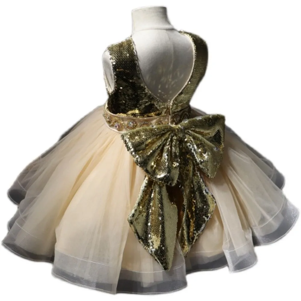Golden sequin mesh patchwork sleeveless princess dress girls and children's dress flower party birthday dress image 5