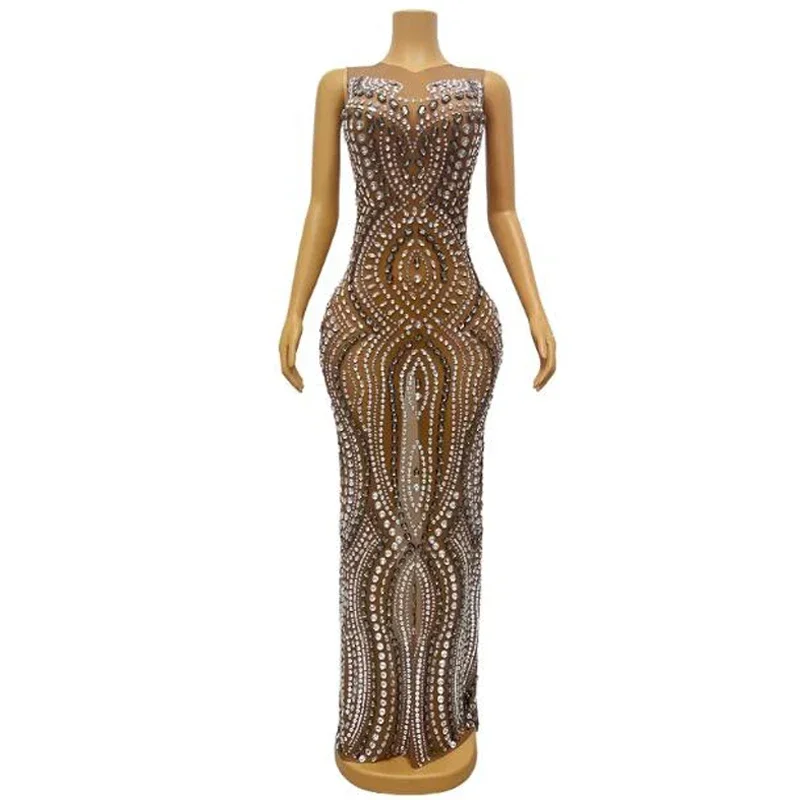 Full Rhinestones Evening Dress Women'S Party Festival Outfit Sexy Stretch Brown Mesh Long Dress Stage Celebrate Costumes XS6801