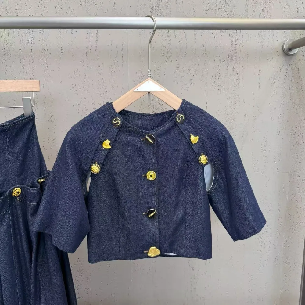 High Street Women's New Round Neck Short Sleeved Multi Button Short Top Paired + A Waist Cinching Puffy Half Skirt Denim Sets