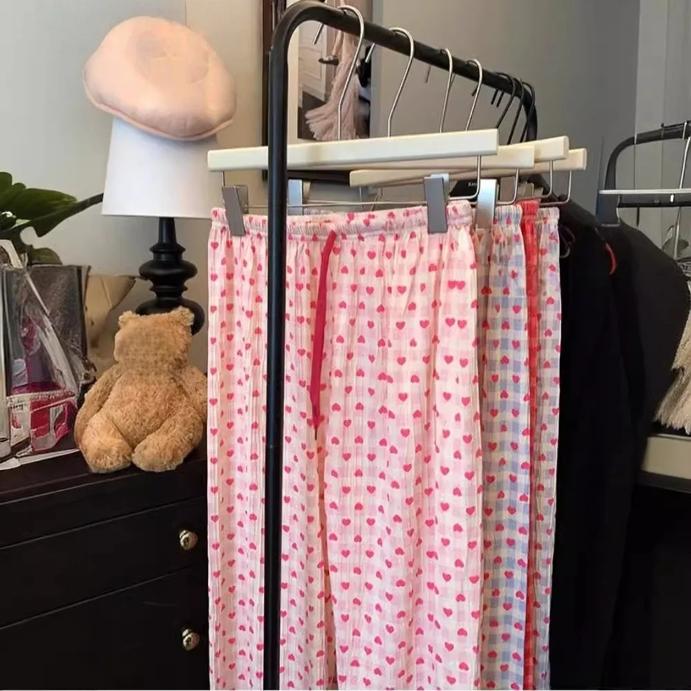 

Korean Style Plaid Heart Long Pants Colorful Soft Loose Trousers Elastic Fabric Draped Design Drawstring Pants Office Casual