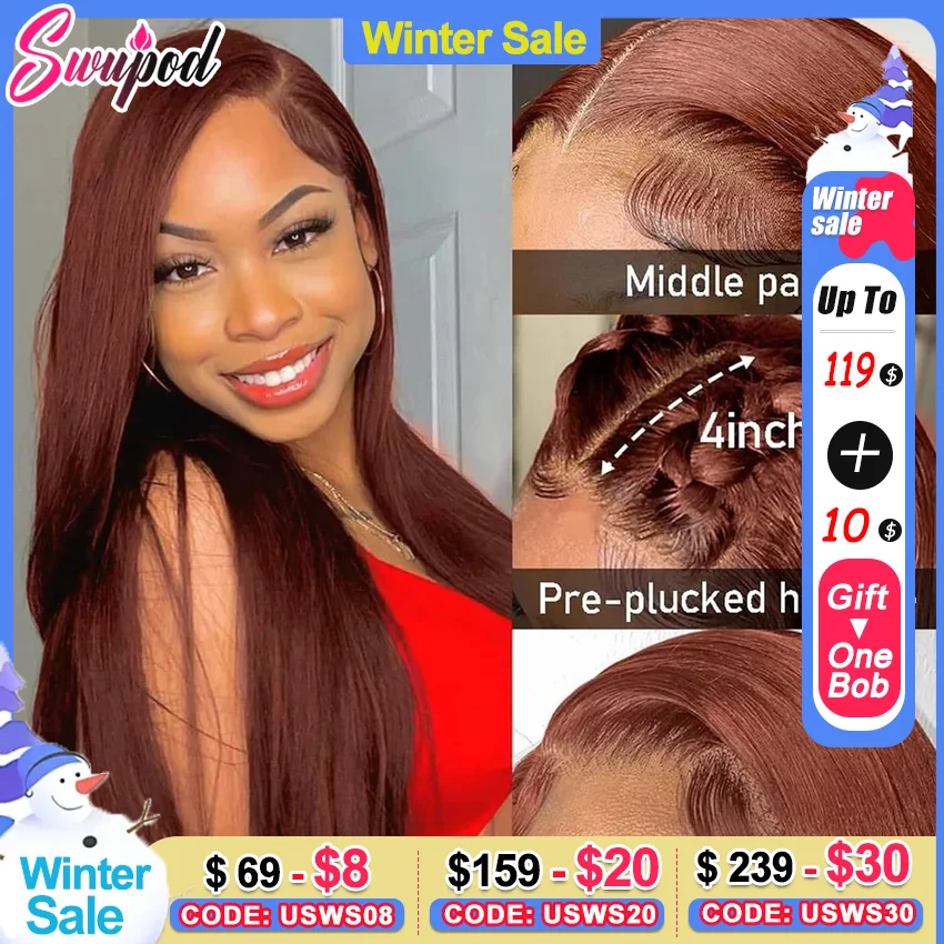 

Swupod 13x4 13x6 200% Transparent HD Lace Front Wig for Women Straight Remy Frontal Human Hair 33# Reddish Brown Color Glueless