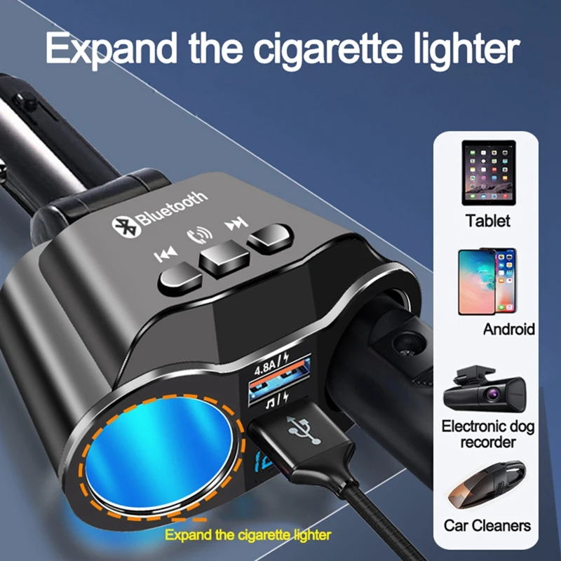 Dual USB Port Car Charger 2 Way Auto Car Lighter Socket Splitter DC12-24V 4.8A Bluetooth 5.0 MP3 Player With Handsfree