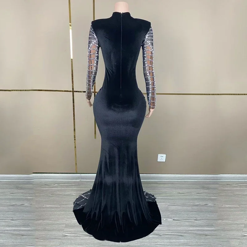 Sparkly Schwarz Samt Strass Abendkleider Frauen Party Feiern Kleid Hochzeit Kostüm Bühne Leistung Outfit XS7454