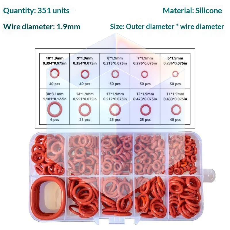 Silicone O-Ring Sealing Kit 351Pcs 10 Sizes with Storage Box Universal Fit for Car Maintenance Plumbing Pipeline Repairs