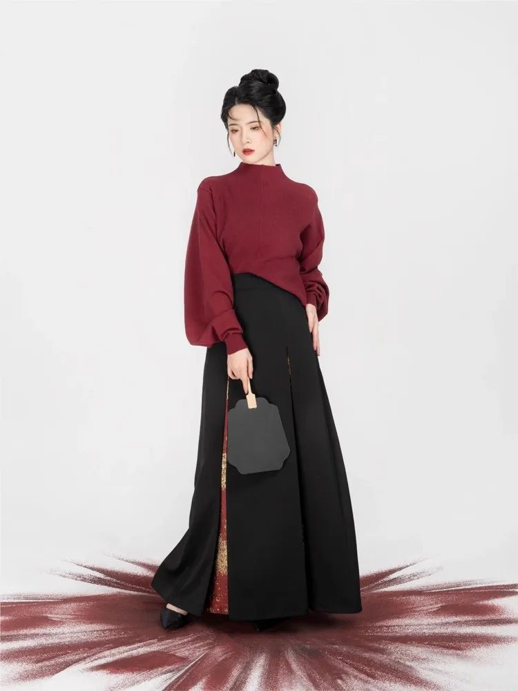 

A woman wearing Hanfu embroidered front-opening coat with sweater and three-pleated skirt