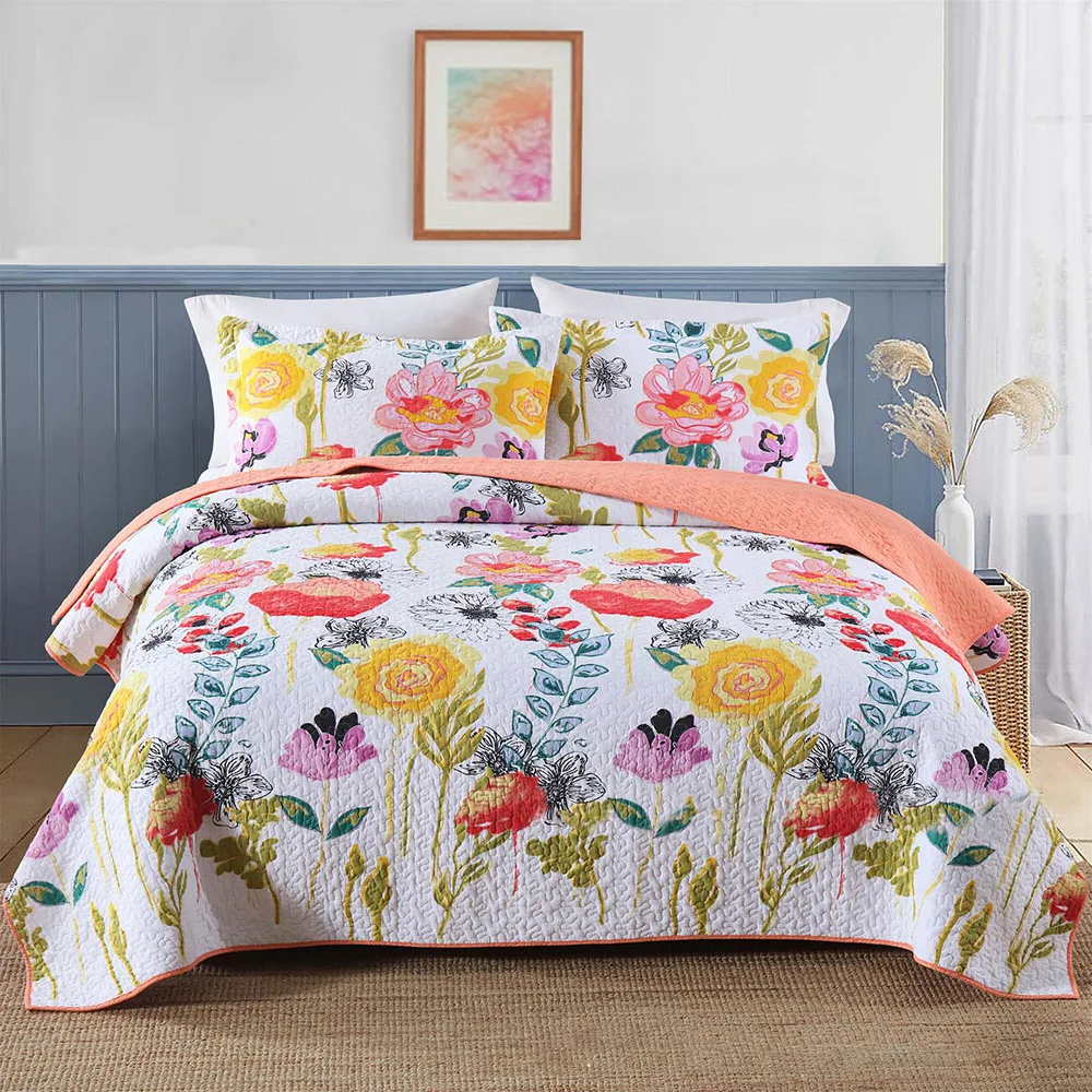 Monet's Garden 100% Cotton Quilt Set 3PCS Queen Size Lightweight Breathable Bedspread Coverlet for All Season Home Decor